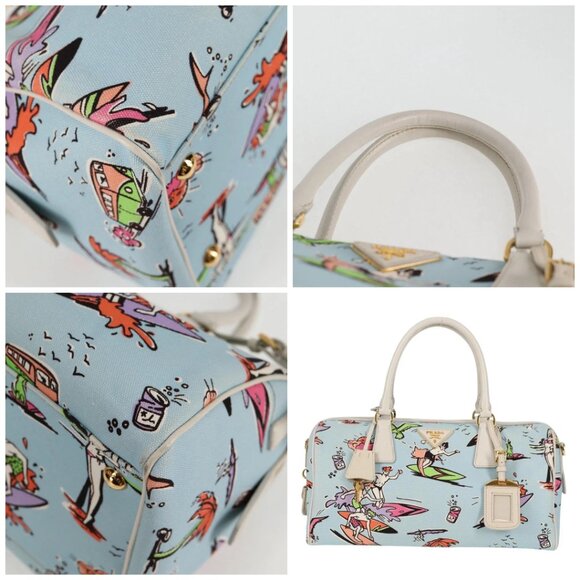 PRADA Hand Bag Canvas 2way Light Blue Gold Auth - Picture 11 of 15